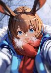  1girl :d amiya_(arknights) animal_ears arknights blue_coat blue_eyes blurry blurry_background blush breath brown_hair close-up coat commentary day grey_coat hair_between_eyes highres long_hair long_sleeves looking_at_viewer open_mouth outdoors outstretched_arms procreate_(medium) rabbit_ears rabbit_girl red_scarf round_teeth scarf smile solo sunlight symbol-only_commentary teeth two-sided_coat two-sided_fabric upper_body upper_teeth_only zeniaguan 