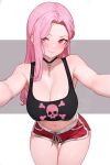  1girl absurdres black_tank_top bluefield breasts cleavage collarbone highres hololive hololive_english large_breasts long_hair looking_at_viewer mori_calliope pink_eyes pink_hair print_tank_top red_shorts short_shorts shorts skull_and_crossbones smile solo tank_top 