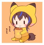  1girl :3 blue_hair blush_stickers brown_background brown_hair chibi closed_mouth cup daitaku_helios_(umamusume) disposable_cup drinking_straw gomashio_(goma_feet) holding holding_cup hood hood_up hoodie horse_tail mini_person minigirl multicolored_hair orange_pants pants pantyhose simple_background sitting solo star_(symbol) star_print streaked_hair tail translation_request umamusume yellow_hoodie yellow_pantyhose |_| 