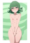  1girl absurdres ai-assisted between_legs blush breasts completely_nude covering_privates cowboy_shot flipped_hair frown green_background green_eyes green_hair groin guilegaze hand_between_legs highres medium_hair navel nipples nude one-punch_man small_breasts solo tatsumaki white_background 
