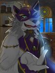 anthro blush canid canine clothing fox fur gloves grey_body grey_fur handwear hi_res lifewonders live_a_hero male mammal mask phantom_thief reikimei solo topwear vest vulpecula