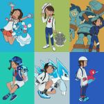  1girl :d ;d alcremie alolan_sandslash blue_pants blue_shirt braid brionne brown_hair collared_shirt commentary_request elizabeth_(tomas21) fingerless_gloves gloves golurk great_ball green_eyes hand_up hat highres holding holding_clothes holding_hat juliana_(pokemon) multiple_views necktie one_eye_closed open_mouth orange_necktie orange_shorts pants poke_ball pokemon pokemon_(creature) pokemon_sv porygon2 quick_ball shirt shoes short_sleeves shorts smile socks standing terapagos white_footwear white_headwear white_shirt white_shorts 
