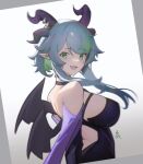 1girl absurdres bare_shoulders breasts bsapricot_(vtuber) commentary distr english_commentary eyebrows_visible_through_hair fang gradient_hair green_eyes green_hair highres horn_ornament horns large_breasts lich looking_at_viewer multicolored_hair multiple_horns open_mouth pointy_ears skin_fang solo tongue two-tone_hair upper_body vshojo wings 