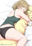  1girl ass back bare_arms bare_legs black_panties blonde_hair body_pillow breast_press breasts camisole closed_mouth commentary_request green_camisole highres hugging_object inuyama_aoi large_breasts long_hair lying nekosination panties pillow pillow_hug sidelocks sleeping solo thick_eyebrows twitter_username underwear yurucamp 