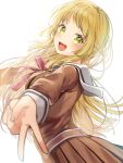  1girl :d arched_back bang_dream! bangs blonde_hair blunt_ends blurry blurry_foreground breasts brown_dress buttons dress eyebrows_visible_through_hair fingernails from_side hanasakigawa_school_uniform hands_up light_blush long_hair looking_at_viewer looking_to_the_side medium_breasts neck_ribbon outstretched_arms pink_ribbon pleated_dress ribbon roko_(pe0e07) sailor_collar school_uniform serafuku simple_background smile solo standing swept_bangs tsurumaki_kokoro upper_body v white_background white_sailor_collar yellow_eyes 