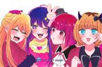  4girls :3 ;d alternate_universe arima_kana arm_up ascot black_bow black_bowtie black_headwear blonde_hair blue_eyes blunt_bangs blush bob_cut bow bowtie breasts brooch brown_hair closed_eyes collared_shirt crying curled_fingers demon_horns double-parted_bangs dress eyelashes facing_to_the_side facing_viewer fang furrowed_brow gloves hair_between_eyes hair_bow hair_ornament hand_on_another&#039;s_head hand_up hat heart heart_brooch highres horns hoshino_ai_(oshi_no_ko) hoshino_ruby jewelry long_bangs long_hair looking_ahead memcho mini_hat mother_and_daughter multicolored_clothes multicolored_dress multicolored_hair multiple_girls one_eye_closed one_side_up oshi_no_ko parted_lips purple_dress purple_eyes purple_gloves purple_hair purple_shirt rabbit_hair_ornament roots_(hair) shirt short_hair short_sleeves smile star-shaped_pupils star_(symbol) star_hair_ornament symbol-shaped_pupils tears teeth time_paradox top_hat triangle_mouth turning_head twitter_username two-tone_hair white_ascot white_background wing_brooch winged_heart wiping_tears xto4k yellow_dress 