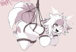 3_tails anthro arms_tied bdsm big_breasts blush bodily_fluids bondage bound breasts canid canine female fermusieboir4 fluffy fluffy_tail fur hi_res legs_tied looking_at_viewer mammal multi_tail open_mouth restraints rope rope_bondage rope_harness rope_suspension solo suspended_in_midair sweat sweatdrop tail white_body white_fur