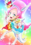  1girl absurdres animal_ears bare_shoulders berry blush boots choker cure_parfait dress earrings elbow_gloves food food-themed_hair_ornament fruit fuyuzora gloves hair_ornament hand_on_own_hip headband highres horse_ears jewelry kirakira_precure_a_la_mode kiwi_(fruit) leaf lemon long_hair multicolored_eyes open_mouth orange_(fruit) parfait pearl_choker pearl_earrings pink_hair pointing pointing_up ponytail precure solo sparkling_eyes strapless strapless_dress tail white_footwear white_gloves white_tail white_wings wings 