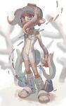 1girl agent_8_(splatoon) bare_shoulders bodysuit boots brown_hair choker commentary_request coral covered_navel detached_sleeves dual_wielding earrings fish full_body grey_choker grey_eyes grey_hair gun highres holding holding_gun holding_weapon jewelry long_hair multicolored_hair octoling octoling_girl octoling_player_character order_dualies_(splatoon) parted_lips single_detached_sleeve sleeveless sleeveless_bodysuit solo splatoon_(series) splatoon_3 splatoon_3:_side_order standing suction_cups teeth tentacle_hair tiripow two-tone_hair weapon white_bodysuit white_footwear 