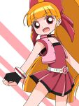  1girl :d akazutsumi_momoko alice360 bangs belt black_gloves breasts earrings eyebrows_visible_through_hair fingerless_gloves flat_chest gloves highres hyper_blossom jacket jewelry leotard long_hair looking_at_viewer open_mouth orange_hair pink_jacket powerpuff_girls_z red_eyes red_leotard red_ribbon red_skirt ribbon skirt sleeveless sleeveless_jacket small_breasts smile tongue very_long_hair white_belt 