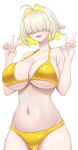  bikini blonde_hair breasts cleavage double_v elegg_(nikke) fang goddess_of_victory:_nikke hair_intakes hair_over_eyes highres large_breasts long_bangs multicolored_hair navel open_mouth short_hair simple_background smile solo solo_focus surippa1010 swimsuit thigh_gap two-tone_hair underboob upright_ahoge v white_background yellow_bikini 