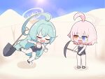  2girls abydos_high_school_swimsuit ahoge aqua_hair bandaid bandaid_on_leg black_footwear black_one-piece_swimsuit blue_archive blue_eyes blue_sky blush chibi commentary day desert halo heterochromia highres hoshino_(blue_archive) hoshino_(young)_(blue_archive) huge_ahoge long_hair luceee multiple_girls one-piece_swimsuit open_mouth outdoors pickaxe pink_hair pink_halo sandals short_hair shovel sky sunlight sweat swimsuit symbol-only_commentary tears tripping very_long_hair yellow_eyes yellow_halo yume_(blue_archive) 