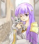  1girl animal cape cat circlet dress fire_emblem fire_emblem:_genealogy_of_the_holy_war holding holding_animal holding_cat julia_(fire_emblem) long_hair one_eye_closed outdoors purple_cape purple_eyes purple_hair smile solo wide_sleeves yukia_(firstaid0) 