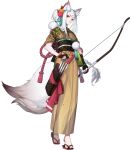  1girl absurdres animal_ear_fluff animal_ears arrow_(projectile) black_gloves bow_(weapon) brown_kimono facial_mark feet fingerless_gloves forehead forehead_mark fox_ears fox_girl fox_tail full_body gloves hair_ornament highres holding holding_bow_(weapon) holding_weapon japanese_clothes kimono long_hair nail_polish obi original ponytail quiver red_eyes ribbon sandals sash simple_background solo tail toes weapon white_background white_hair wo_xuyao_jiashui 