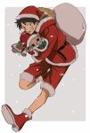  2boys absurdres antlers bag belt black_belt black_hair boots carrying carrying_person commentary_request full_body green_ribbon hat highres holding holding_bag hood hoodie horns looking_at_viewer male_focus monkey_d._luffy multiple_boys one_piece red_footwear red_shorts reindeer_antlers ribbon rokurnshu003 santa_costume santa_hat scar scar_on_face short_hair shorts smile straw_hat tony_tony_chopper 
