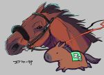  animal_focus birthday bridle chibi commentary_request efforia_(racehorse) grey_background highres horse multiple_views no_humans race_bib real_life running simple_background takatsuki_nato translated 