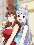  :d ahoge aimai_(luckyfive) animal_ears bare_shoulders blue_dress blunt_bangs brown_hair cup dress drinking_glass ear_ribbon from_side gold_ship_(umamusume) grey_hair hair_between_eyes highres holding holding_cup horse_ears horse_girl long_hair nakayama_festa_(umamusume) official_alternate_costume purple_eyes red_dress smile umamusume 