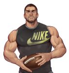  1boy american_football_(object) ball bara beard biceps brown_hair facial_hair feet_out_of_frame frown highres holding holding_ball logo looking_at_viewer male_focus manly mature_male muscular muscular_male original raised_eyebrow selkiro short_hair simple_background solo tank_top thick_arms thick_eyebrows tight_clothes upper_body veins white_background 