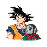  black_hair blue_shirt dbkenkyuusei dragon_ball dragon_ball_z gas_mask highres looking_to_the_side mask medium_hair muscular muscular_male orange_shirt robot shirt simple_background sleeveless sleeveless_shirt son_goku spiked_hair toriyama_akira_(character) upper_body white_background 