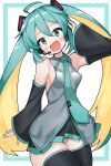  1girl absurdres ahoge armpits bare_shoulders black_thighhighs blue_eyes blue_hair blush breasts buta-don cameltoe hatsune_miku headphones highres long_hair looking_at_viewer medium_breasts open_mouth panties smile solo striped_clothes striped_panties thighhighs twintails underwear vocaloid 