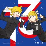  1boy 1girl album_cover alternate_costume black_jacket black_sailor_collar black_shirt black_skirt blonde_hair blue_eyes bow closed_mouth cover glider_(artist) gloves hair_bow hair_ornament hairclip hand_on_own_chin headband holding jacket jitome kagamine_len kagamine_rin looking_at_another neckerchief open_mouth pleated_skirt red_headband sailor_collar school_uniform serafuku shirt skirt speaker third-party_source vocaloid white_gloves white_neckerchief 