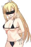  1girl arihara_nanami arms_behind_back bare_arms bare_shoulders bdsm bikini black_bikini black_blindfold blindfold blonde_hair blush breasts breath cleavage collarbone cowboy_shot curvy facing_viewer flying_sweatdrops hair_between_eyes hair_ornament halterneck highres large_breasts long_hair mahigu_re micro_bikini midriff navel official_alternate_hairstyle open_mouth pom_pom_(clothes) pom_pom_hair_ornament ponytail riddle_joker shiny_skin side-tie_bikini_bottom simple_background solo stomach straight_hair sweatdrop swimsuit v-shaped_eyebrows very_long_hair white_background 