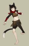  1girl animal_ears arm_guards armor barefoot black_hair body_fur brown_skirt cat_ears cat_girl cat_tail clenched_hand crop_top dungeon_meshi feet fighting_stance full_body highres izutsumi looking_to_the_side midriff navel open_mouth p_(pm_611a) red_scarf scarf short_hair simple_background skirt slit_pupils solo standing standing_on_one_leg tail teeth toes upper_teeth_only vambraces yellow_eyes 
