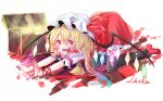  1girl artist_name ascot black_thighhighs blood blood_on_clothes blood_on_face blood_on_hands flandre_scarlet frilled_skirt frilled_sleeves frills full_body glowing glowing_wings hat laska_(artist) looking_at_viewer mob_cap multicolored_wings nail_polish open_mouth puffy_short_sleeves puffy_sleeves red_eyes red_footwear red_nails red_ribbon red_skirt red_vest ribbon ribbon-trimmed_headwear ribbon_trim shirt short_sleeves simple_background skirt sleeve_ribbon solo thighhighs touhou vest white_background white_headwear white_shirt wings wrist_ribbon yellow_ascot 