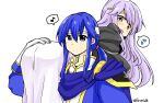  1boy 1girl ass blue_cape blue_eyes blue_hair brother_and_sister cape carrying carrying_over_shoulder circlet fire_emblem fire_emblem:_genealogy_of_the_holy_war headband julia_(fire_emblem) long_hair musical_note open_mouth ponytail purple_eyes purple_hair seliph_(fire_emblem) siblings simple_background spoken_musical_note white_headband yukia_(firstaid0) 