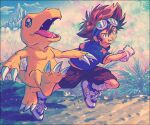  1boy agumon brown_eyes brown_hair claws cloud digimon digimon_(creature) digimon_adventure gloves goggles goggles_on_head highres kwsby_124 male_focus mountain open_mouth outdoors running sharp_teeth shoes short_sleeves shorts signature sky socks spiked_hair star_(symbol) star_print teeth white_gloves white_socks yagami_taichi 
