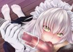  1girl chocomint725 fate/grand_order fate_(series) grey_hair highres jeanne_d&#039;arc_alter_(fate) kissing_penis lipstick_mark looking_at_viewer maid maid_headdress penis thighhighs vacuum_cleaner yellow_eyes 