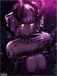  artist_name bare_shoulders black_nails blush breasts cleavage_cutout clothing_cutout collarbone colored_skin dated demon_horns fate/grand_order fate_(series) glasses glowing glowing_eyes halloween highres horns jacques_de_molay_(foreigner)_(fate) large_breasts maewenmitzuki purple_hair purple_skin round_eyewear short_hair smile upper_body yellow_eyes 