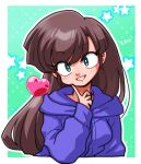  1girl arm_up breasts brown_hair green_background green_eyes grin hand_on_own_face heart hood hoodie kuonji_ukyou long_hair photo_booth pink_lips posing purple_hoodie ranma_1/2 signature small_breasts smile star_(symbol) wanta_(futoshi) 