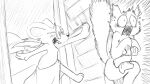 animal_crossing anthro bath_towel big_ears biped blush dialogue_in_description digital_drawing_(artwork) digital_media_(artwork) dragonweirdo duo eyewear female fur glasses greyscale hi_res male mammal marshal_(animal_crossing) monochrome mouse murid murine nintendo open_mouth petri_(animal_crossing) rodent sciurid shocked tail tree_squirrel