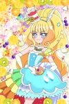  absurdres animal_ears bare_shoulders berry blonde_hair blue_eyes blush choker commentary_request cosplay cowboy_shot cure_finale cure_parfait cure_parfait_(cosplay) delicious_party_precure dress earrings elbow_gloves food food-themed_hair_ornament fruit gloves hair_ornament headband highres hiragizaka_aoi horse_ears jewelry kirakira_precure_a_la_mode kiwi_(fruit) leaf lemon long_hair orange_(fruit) parfait pearl_choker pearl_earrings precure strapless strapless_dress tail white_gloves white_tail white_wings wings 