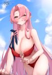  1girl alternate_costume azur_lane bikini bikini_pull blue_sky breasts cleavage clothes_pull covered_nipples cum cum_on_body cum_on_breasts duke_of_york_(azur_lane) large_breasts long_hair looking_at_viewer nail_polish nipple_slip nipples o-ring o-ring_bikini parted_bangs pink_hair pointy_ears pulled_by_self red_bikini red_eyes red_nails shionootsu signature sky swimsuit tongue tongue_out wet 