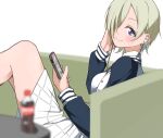  1girl blonde_hair blurry blurry_foreground blush breasts cellphone closed_mouth commentary_request couch earphones hair_over_one_eye holding holding_phone jacket liz_(piyoko_piyop) long_hair looking_at_viewer love_live! love_live!_nijigasaki_high_school_idol_club medium_breasts mia_taylor nijigasaki_academy_school_uniform on_couch one_eye_covered open_clothes open_jacket phone purple_eyes school_uniform shirt short_hair skirt smartphone smile soda_bottle solo upper_body white_background white_jacket white_shirt white_skirt winter_uniform 