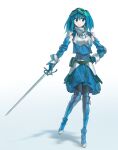  1girl absurdres adapted_costume aesur_a armor blue_eyes blue_hair breastplate commentary full_body gradient_background hair_bobbles hair_ornament hand_on_own_hip highres holding holding_sword holding_weapon kawashiro_nitori knight mask mask_on_head pocket short_hair shoulder_armor solo sword touhou two_side_up weapon white_background 