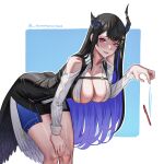  1girl asymmetrical_horns bare_shoulders biting_own_lip black_hair black_skirt blue_hair breasts collared_shirt colored_inner_hair demon_girl demon_horns dropping hair_ornament hand_on_own_knee highres holoadvent hololive hololive_english horns large_breasts long_hair looking_at_viewer miniskirt mole mole_under_eye multicolored_hair nerissa_ravencroft red_eyes seventeencrows shirt simple_background skirt smile solo two-tone_background uneven_horns very_long_hair virtual_youtuber white_shirt 