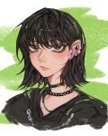  1girl :/ black_eyes black_hair black_hoodie blush chain choker ear_piercing earphones green_background hair_between_eyes highres hood hood_down hoodie jewelry kininatteru_hito_ga_otoko_ja_nakatta koga_mitsuki looking_at_viewer medium_hair necklace piercing portrait re_zy23 solo white_background 