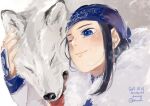  1girl 2017 3200mg affectionate ainu asirpa black_hair blue_eyes blue_headband cloak close-up closed_eyes commentary_request dated earrings fur_cloak golden_kamuy headband highres hoop_earrings hug jewelry long_hair nuzzle one_eye_closed sidelocks smile tongue tongue_out wolf 