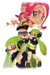  2girls agent_3_(splatoon) agent_8_(splatoon) bike_shorts closed_mouth commentary_request crop_top fang grey_eyes headphones heart heart-shaped_pupils heart_hands highres implied_yuri inkling inkling_girl inkling_player_character korean_commentary long_hair medium_hair midriff multiple_girls navel octoling octoling_girl octoling_player_character open_mouth orange_eyes pencil_skirt pink_hair salmon_yeon_eo simple_background skirt splatoon_(series) symbol-shaped_pupils tentacle_hair thick_eyebrows vest white_background 
