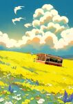  1girl artist_name blue_sky bus cloud commentary day english_commentary field from_side highres hill jauni_(tofublock) landscape meadow motor_vehicle mountainous_horizon original outdoors road_sign scenery sign signature simple_bird sky very_wide_shot 