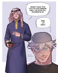  2boys absurdres black_nails blue_eyes english_text facial_tattoo gojou_satoru highres jujutsu_kaisen looking_at_viewer meme multiple_boys ramadan red_eyes ryoumen_sukuna_(jujutsu_kaisen) speech_bubble tattoo v white_hair 