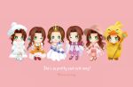  1girl aerith_gainsborough aerith_gainsborough_(chocobo_suit) aerith_gainsborough_(fairy_of_snowfall) aerith_gainsborough_(garnet&#039;s_gown) aerith_gainsborough_(prism_dress) aerith_gainsborough_(sunny_robe) animal_hood aqua_ribbon aqua_socks bare_shoulders bird_hood blue_flower blue_rose blush bracelet braid braided_ponytail brown_hair chibi chibi_only chocobo chocobo_(cosplay) coat cosplay dress dress_flower english_text final_fantasy final_fantasy_vii final_fantasy_vii_ever_crisis final_fantasy_vii_remake flower full_body fur-trimmed_coat fur_trim garnet_til_alexandros_xvii garnet_til_alexandros_xvii_(cosplay) green_eyes hat high-low_skirt highres hood jewelry juliet_sleeves knit_sweater long_dress long_hair long_sleeves mascot_costume multiple_views official_alternate_costume onesie open_mouth orange_dress parted_bangs pink_background puffy_sleeves ribbon rose shirt sidelocks single_braid smile socks straw_hat sweater sweater_dress swimsuit tiara tomoberry twitter_username wavy_hair white_coat white_dress white_headwear white_shirt winter_clothes winter_coat yellow_hood 