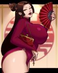  absurdres brown_hair chastity_cage chinese_clothes hand_fan highres key non-web_source otto_cubze yellow_eyes 