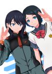  2girls asticassia_school_uniform black_hair black_skirt blue_eyes blue_hair bow bowtie cardigan cmyk_(rgb71509204) commentary_request gridman_universe gridman_universe_(film) gundam gundam_suisei_no_majo highres long_hair long_sleeves looking_at_viewer miyamoto_yume multicolored_hair multiple_girls nika_nanaura pleated_skirt red_bow school_uniform scrunchie shirt short_hair skirt smile ssss.gridman takarada_rikka thighs voice_actor_connection wrist_scrunchie 