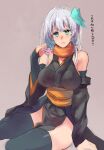  aqua_eyes bare_shoulders black_thighhighs breasts detached_sleeves hair_ornament japanese_clothes original pelvic_curtain sawaya_(mizukazu) scarf sitting thighhighs white_hair wide_sleeves 