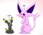 ambiguous_gender black_body black_eyes black_fur bodily_fluids digital_media_(artwork) duo eeveelution espeon eye_contact feral forehead_gem forked_tail fur gem generation_2_pokemon heart_eyes heart_symbol hi_res kenikenikeke larger_ambiguous larger_feral looking_at_another markings nintendo open_mouth pokemon pokemon_(species) purple_body purple_eyes purple_fur red_sclera ring_(marking) ringed_ears ringed_tail simple_background size_difference smaller_ambiguous smaller_feral striped_markings striped_tail stripes sweat sweatdrop tail tail_markings text umbreon unusual_anatomy unusual_tail white_background
