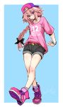  1boy astolfo_(candy_pink)_(fate) astolfo_(fate) backwards_hat baseball_cap belt belt_buckle black_bow black_shorts boots bow braid buckle collarbone crescent crescent_belt_buckle crescent_necklace cross-laced_footwear fang fate/apocrypha fate/grand_order fate_(series) hair_between_eyes hair_bow haoro hat highres jewelry lace-up_boots light_blue_background light_blush long_braid long_hair male_focus necklace otoko_no_ko pink_eyes pink_footwear pink_shirt purple_eyes purple_headwear purple_socks red_belt shirt short_shorts short_sleeves shorts sidelocks signature single_braid skin_fang smile socks solo thighs very_long_hair watch wristwatch 